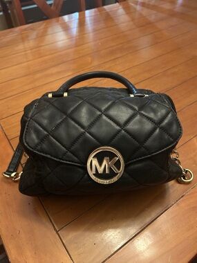 Michael Kors Black Quilted Leather Satchel with Gold MK Emblem